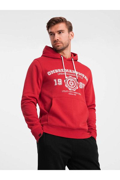 OMBRE Men's college style printed kangaroo hoodie - red V1 OM-SSPS-0143 XL
