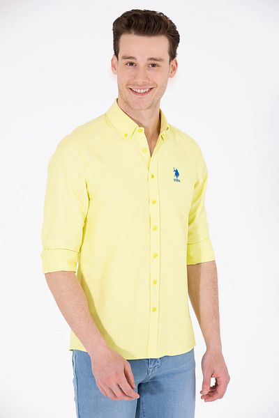 U.S. Polo Assn. قميص أساسي بأكمام طويلة أصفر نيون للرجال 50262980 -VR168
