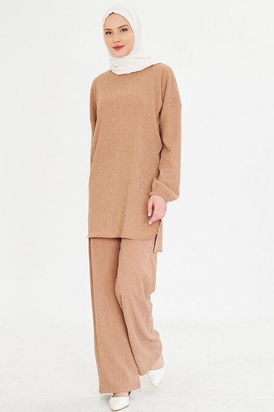 armonika Set din două piese Hijab bej - decolteu cu mâneci elastice și pantaloni cu fante ARM-25K 001109