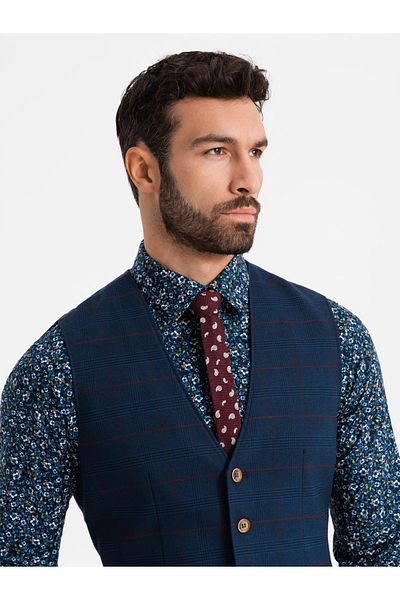 OMBRE Herrenweste ohne Revers in zartem Karo - Marineblau V1 OM-BLZV-0123 XXL