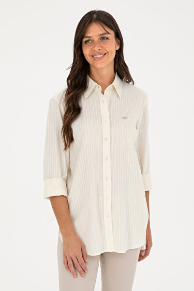 U.S. Polo Assn. قميص نسائي بأكمام طويلة ومظهر كتان إكرو 50289089 -VR019