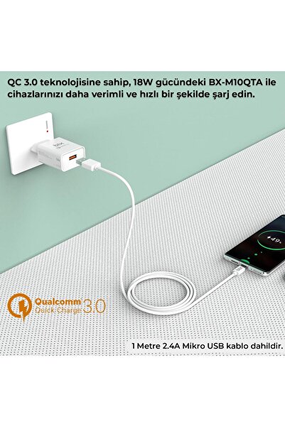 Bix Bx-m18qta 18w Qualcomm 3.0 Hızlı Şarj Adaptörü Ve Micro Usb Şarj Kablosu 1 Metre