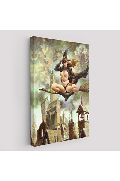 TESORİ TESSİLLİ Çıplak Cadı Süpürgeye Biniyor, Cadılar Bayramı Gotik Sanatı, Kanvas Tablo-5288