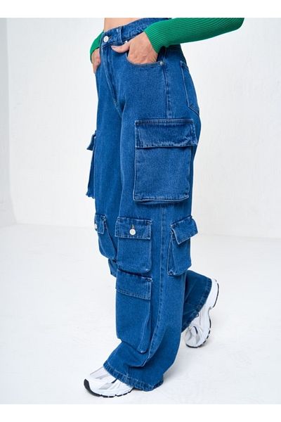 KOTOLOG Y2k Street Wear Pantaloni largi, spălați cu albastru, cu 12 buzunare