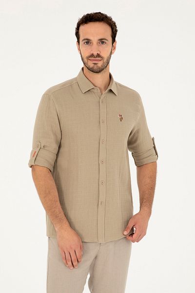 U.S. Polo Assn. Ανδρικό μακρυμάνικο πουκάμισο ανοιχτό χακί 50283723 -VR183
