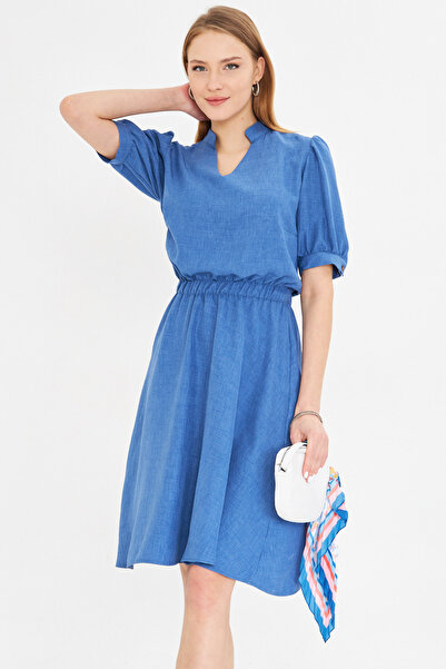 armonika Rochie evazată cu mânecă scurtă, albastru închis, cu decolteu în V, cu talie elastică ARM-25Y 001001