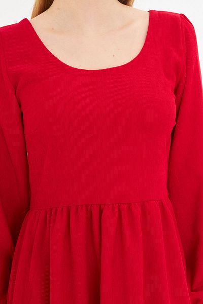 armonika Women's Red U-Neck Back Zipper Elastic Waist Midi Length Velvet Dress Arm-25K 001103