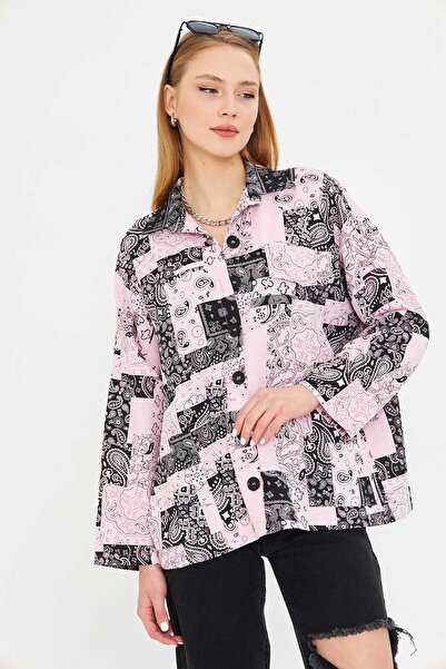 armonika Women's Pink Patterned Pocket Detail Shirt Jacket Arm-25K 001071