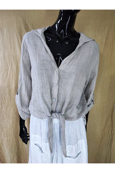 Sosyete Kaplumbağa Italian Linen Mother of Pearl Button Tie up Shirt Blouse