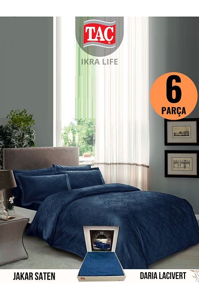 Taç Daria Navy Blue Elegance Jacquard Satin Double Duvet Cover Set