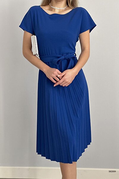 Deafox Φόρεμα Saks Μπλε Ζώνη Πλισέ