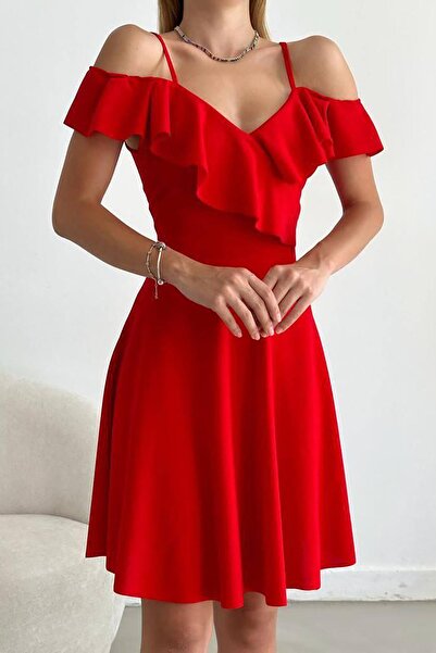 Deafox Piros vállpántos fodros ruha