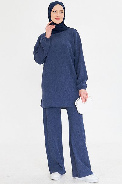armonika Σετ μπλε Navy Hijab δύο τεμαχίων - Παντελόνι με λαιμόκοψη, ελαστικά μανίκια και σκισίματα στο πλάι ARM-25K001109