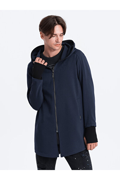 OMBRE Delší pánská rozepnutá mikina s prostornou kapucí PRAGA - tmavě modrá B1369 XXL