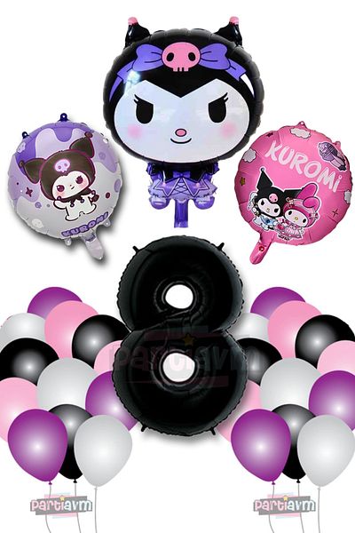 PARTİAVM 8 Year Old Kuromi Theme Balloon Pink Black White Purple Balloon - Black Number Balloon and Printed Foil Balloon