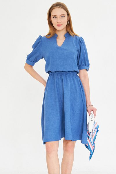 armonika Rochie evazată cu mânecă scurtă, albastru închis, cu decolteu în V, cu talie elastică ARM-25Y 001001