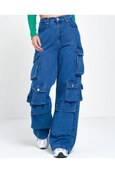 KOTOLOG Y2k Street Wear Pantaloni largi, spălați cu albastru, cu 12 buzunare