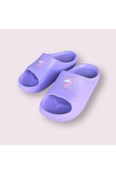 AkınalBella Female Child Lilac Unicorn Printed Light Sole Beach Daily Sea Slide Slippers