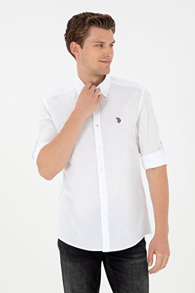U.S. Polo Assn. Λευκό λινό ανδρικό πουκάμισο - 50288648 -VR013