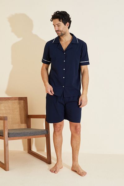 Siyah İnci navy blue Ανδρικό κοντομάνικο βαμβακερό πουκάμισο με γιακά με κουμπιά σορτς 7821