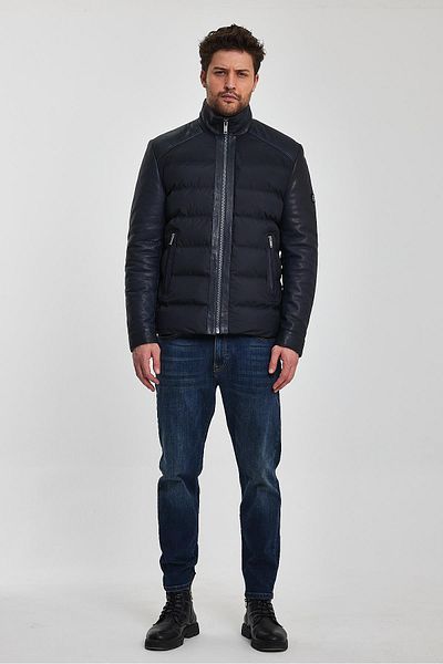 Deri Company Hunter Navy Blue Fabric Garnished Leather Coat