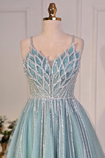 Yonca Moda Evi Mint Yeşili Yaprak İşlemeli Helen Nişanlık 7914