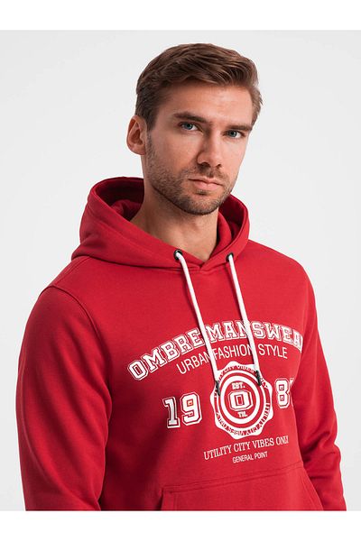 OMBRE Men's college style printed kangaroo hoodie - red V1 OM-SSPS-0143 XL