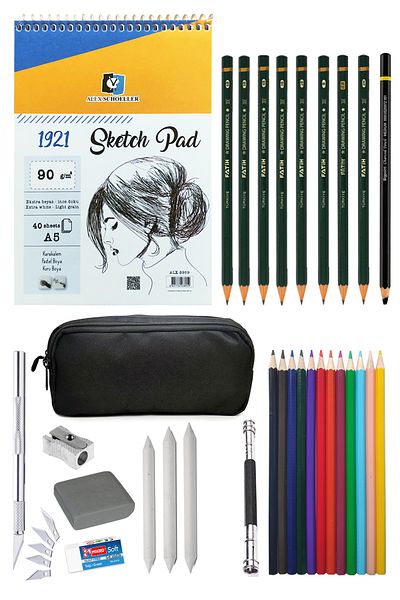 ACUTO Alex Schoeller A5 Sketchbook 90 g Sketching Set with Pen Holder Charcoal Drawing Set Coloring Set 12 Pieces
