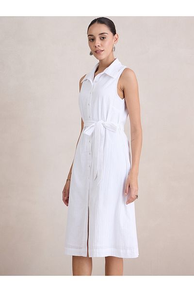 Styli Seersucker Sleeveless Shirt Midi Dress