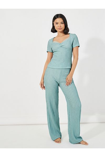 Styli Ribbed Lace Trim Gathered Top & Pyjama Set