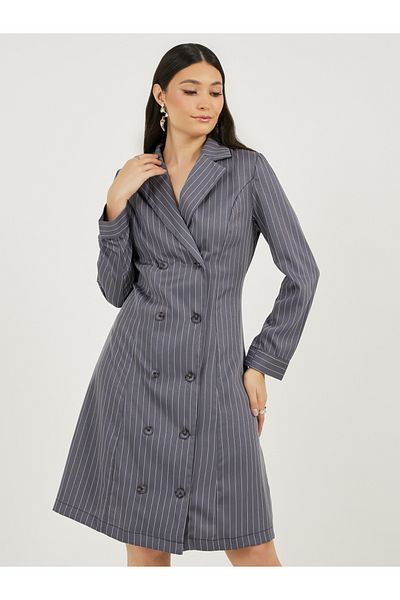 Styli Striped Double Breasted Blazer Knee Length Dress