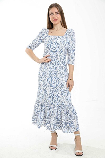 mica Slim Fit Maxi Dress with 3/4 Sleeves and Square Neckline