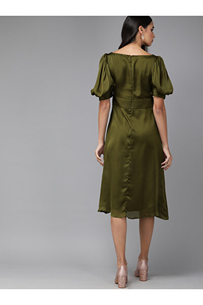 Mish By Styli Boat Neck Chiffon Midi Dress with Puff Sleeve