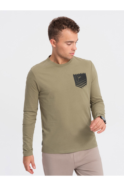 OMBRE Pánské olivově potištěné tričko s dlouhým rukávem V2 OM-LSPT-0118 XL