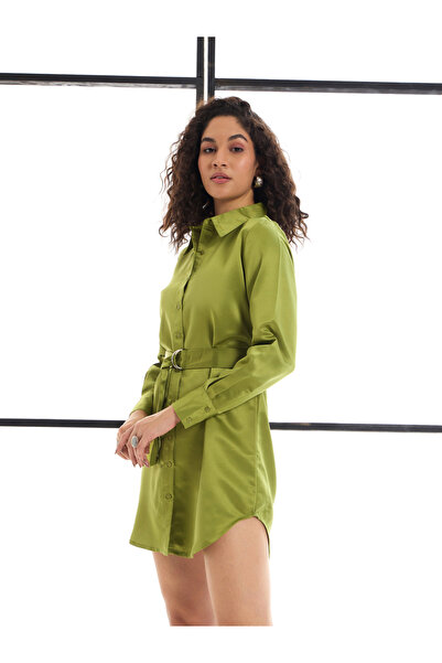 Sassafras By Styli Belted Satin Shirt Mini Dress