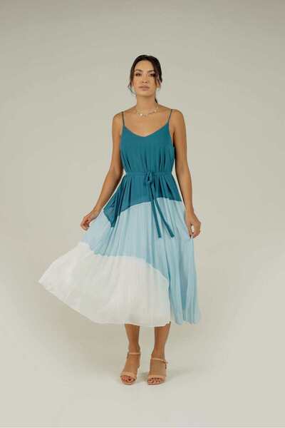 mica Multi-Color Puff Strap Midi Dress with Waist Belt