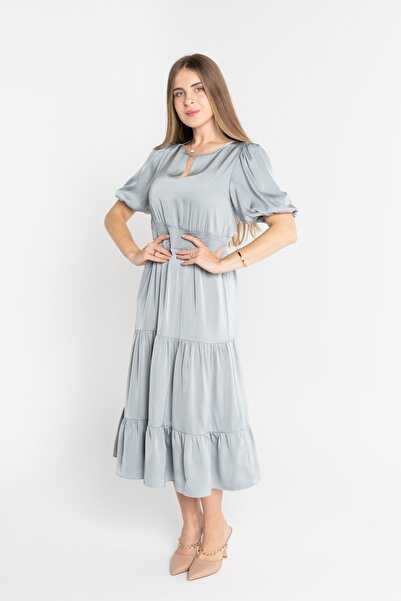 mica Plain Midi Dress with Waist and Short Sleeves for Women