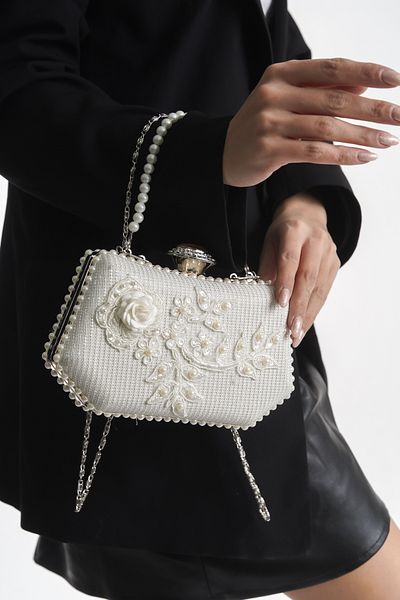 GUİZA Bag Black Case Evening Dress Pearl Detailed Mesh Embroidered Model for Wedding-Bride-Wedding and Special Occasions