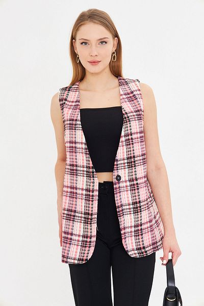 armonika Women's Powder V-Neck Single Button Oversize Plaid Vest Arm-25K 001111