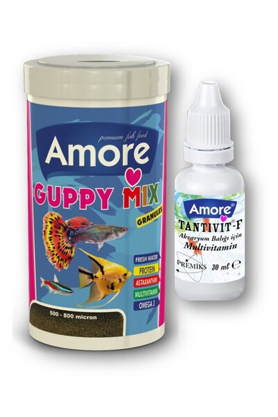 AMORE Guppy Mix Granules 250ml, 60gr Spirulina&Sarımsaklı Lepistes Moli Plati Balık Yemi, multivitamin