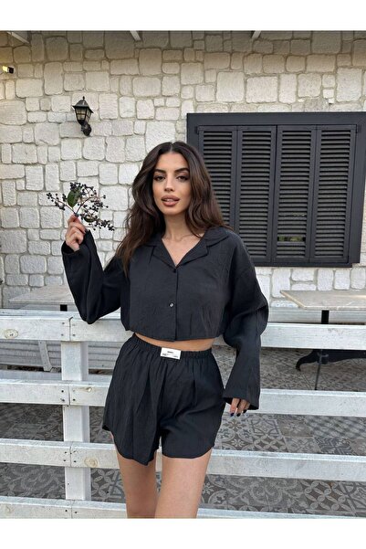 LOCH BUTİK KADIN SİYAH YAKA DETAYLI ŞORTLU İKİLİ TAKIM