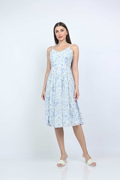 mica Floral Print Midi Dress with Straps and Gathered Waist