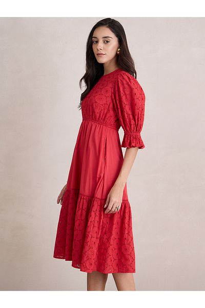 Styli Cotton Schiffli Tiered Midi Dress