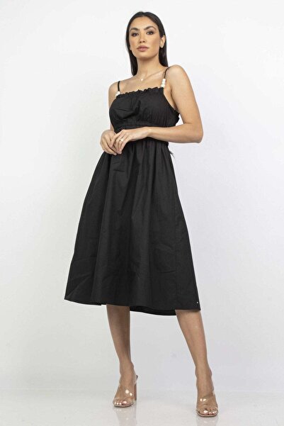 mica Embellished Waist-Defined Midi Dress with Straps