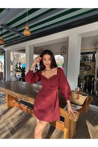 LOCH BUTİK ROCHIE MINI ROCHIE DE FEMEIE BURGUNDĂ CU GULER FRONTAL CU MÂNECĂ STRÂNSĂ