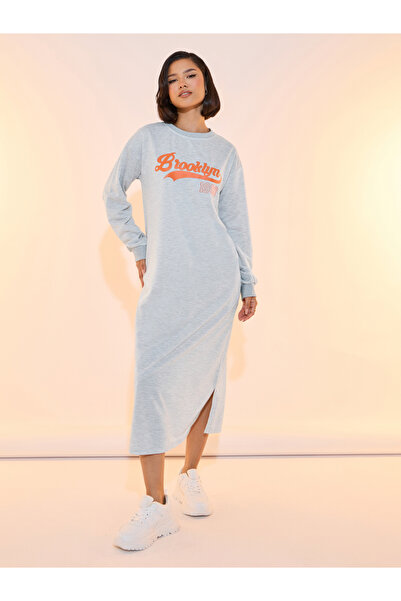 Take Two By Styli Slogan Print Round Neck Sweatshirt Midi Dress