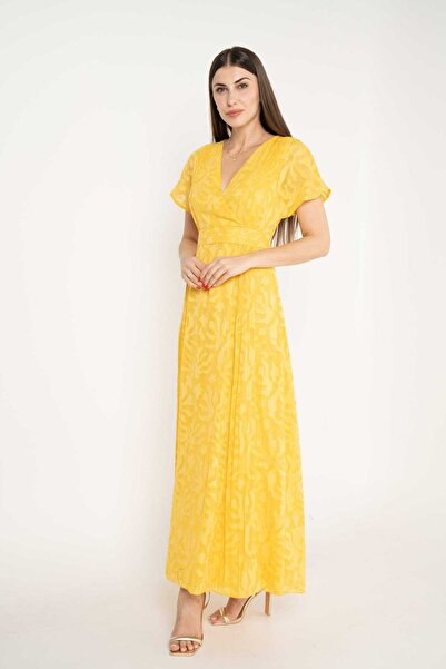 mica فستان ماكسي نسائي بأكمام قصيرة ورقبة على شكل حرف V وتفاصيل عند الخصر