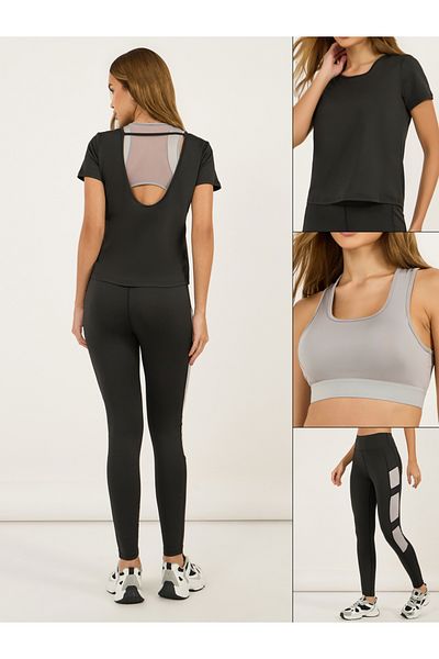 Styli Pack of 3 - Low Back Detail Top, Mesh Sports Bra & Contrast Panel Leggings