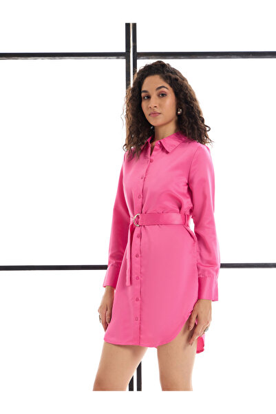 Sassafras By Styli Belted Satin Shirt Mini Dress