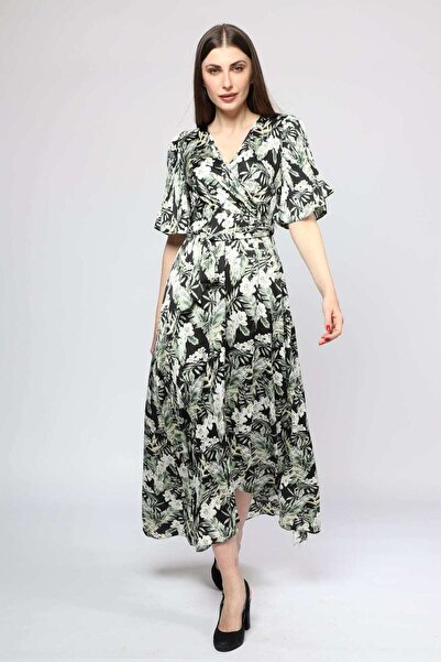 mica Long Silk Dress with Short Sleeves and V-Neck